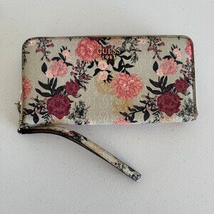 GUESS Floral Wristlet Wallet – Zip-Around Pink & Burgundy Flowers